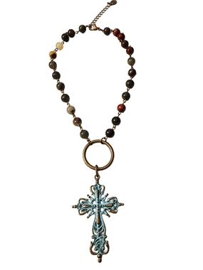 Oversized Metal Turquoise Cross Pendant On Multicolor Beaded Necklace